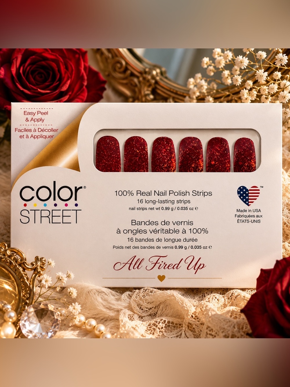 Color Street Sparkling Burgundy Red Glitter Nail Strips